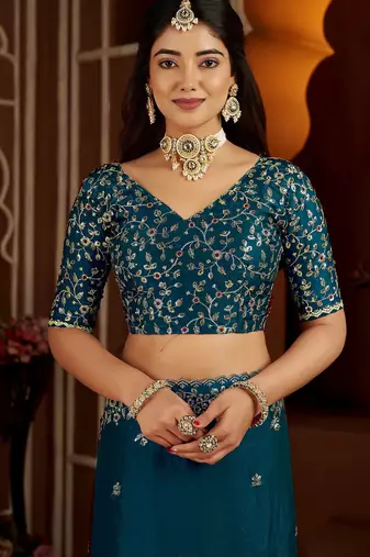 Blue jimmy choo zari butti work embellished wedding wear saree