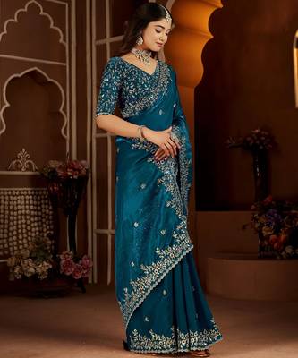 Blue jimmy choo zari butti work embellished wedding wear saree 5