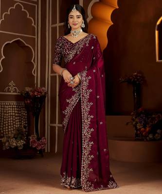 Wine jimmy choo zari butti work embellished wedding wear saree 1