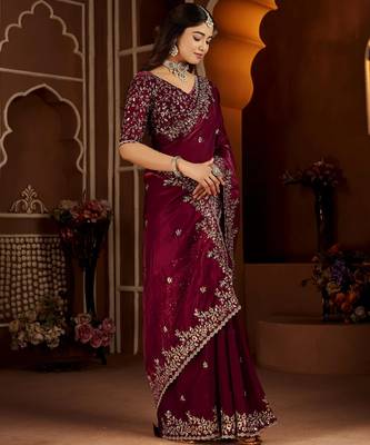 Wine jimmy choo zari butti work embellished wedding wear saree 2