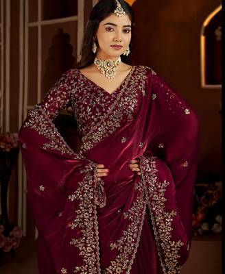 Wine jimmy choo zari butti work embellished wedding wear saree 3