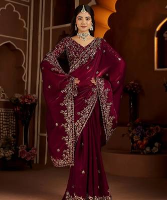 Wine jimmy choo zari butti work embellished wedding wear saree 4