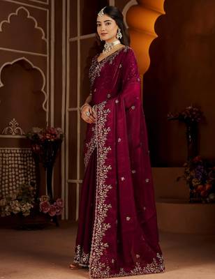 Wine jimmy choo zari butti work embellished wedding wear saree 5