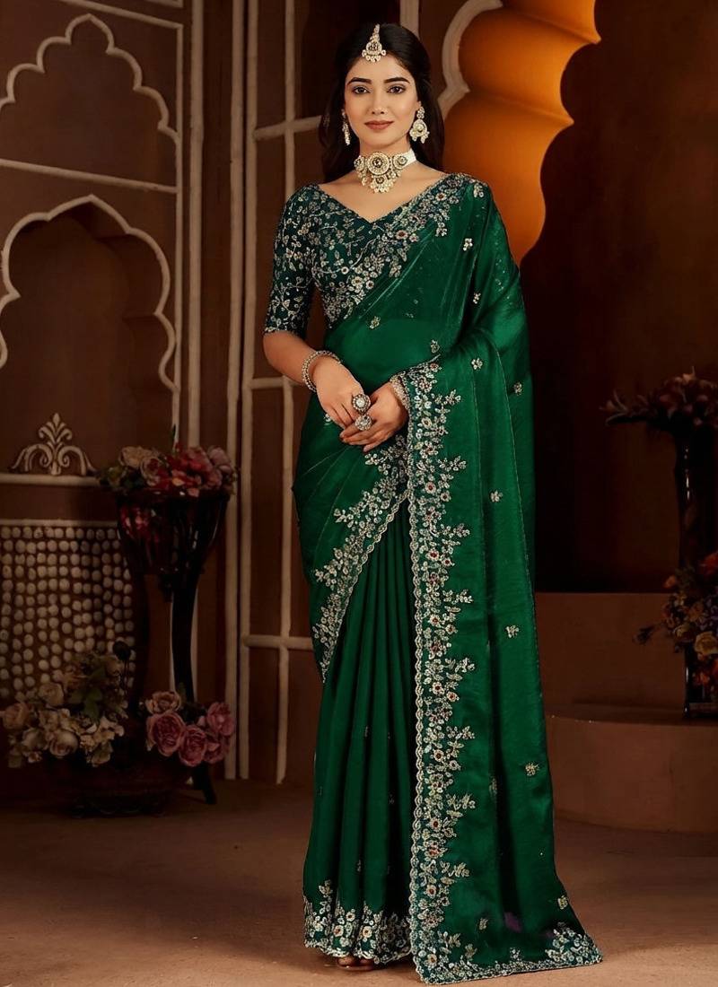 Green jimmy choo zari butti work embellished wedding wear saree