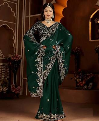 Green jimmy choo zari butti work embellished wedding wear saree 2