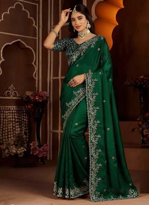 Green jimmy choo zari butti work embellished wedding wear saree 4