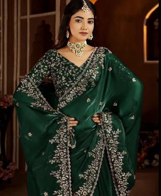 Green jimmy choo zari butti work embellished wedding wear saree 5