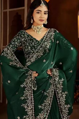 Green jimmy choo zari butti work embellished wedding wear saree