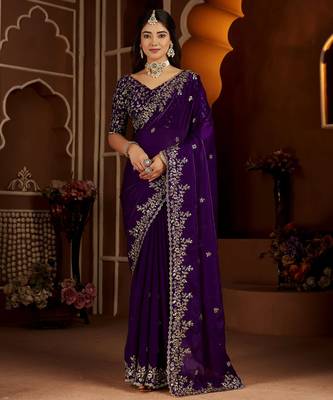 Purple jimmy choo zari butti work embellished wedding wear saree 1
