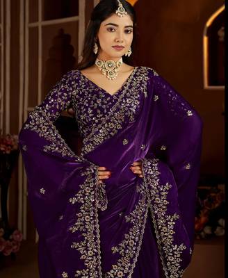 Purple jimmy choo zari butti work embellished wedding wear saree 2
