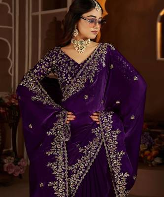 Purple jimmy choo zari butti work embellished wedding wear saree 3