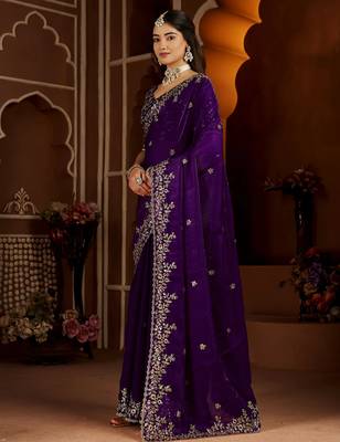 Purple jimmy choo zari butti work embellished wedding wear saree 4
