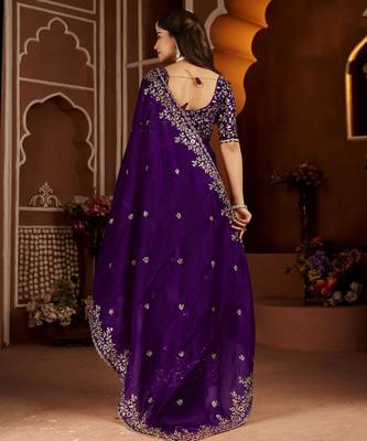 Purple jimmy choo zari butti work embellished wedding wear saree 5