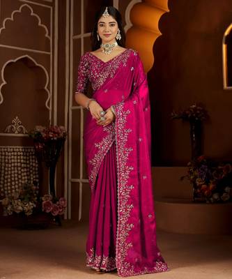 Pink jimmy choo zari butti work embellished wedding wear saree 3
