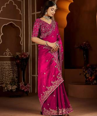Pink jimmy choo zari butti work embellished wedding wear saree 4