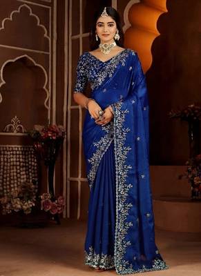Royal blue jimmy choo zari butti work embellished wedding wear saree 1