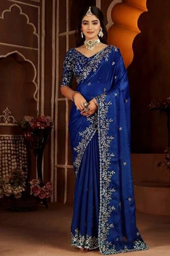 Royal blue jimmy choo zari butti work embellished wedding wear saree