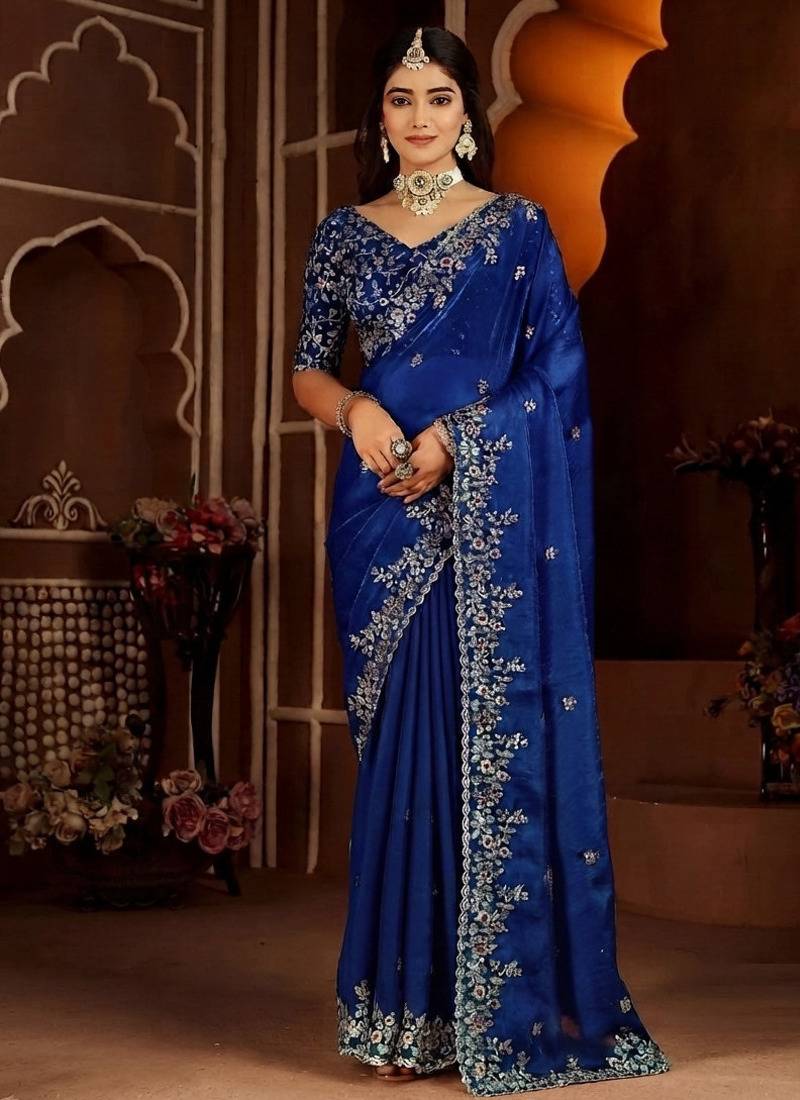 Royal blue jimmy choo zari butti work embellished wedding wear saree