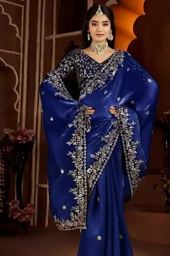 Royal blue jimmy choo zari butti work embellished wedding wear saree