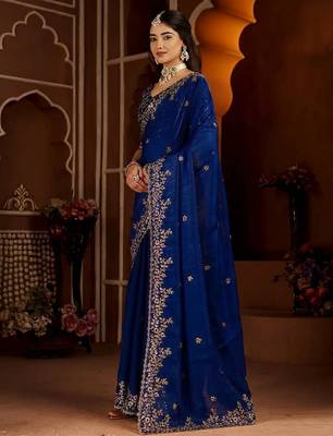 Royal blue jimmy choo zari butti work embellished wedding wear saree 4