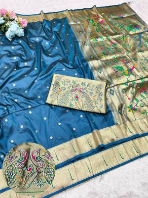 Firozi zari woven paithani silk traditional saree with swarovski blouse piece 1