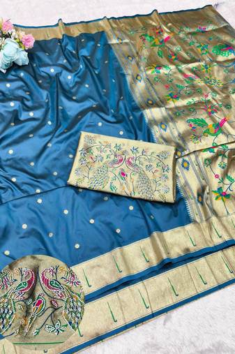 Firozi zari woven paithani silk traditional saree with swarovski blouse piece