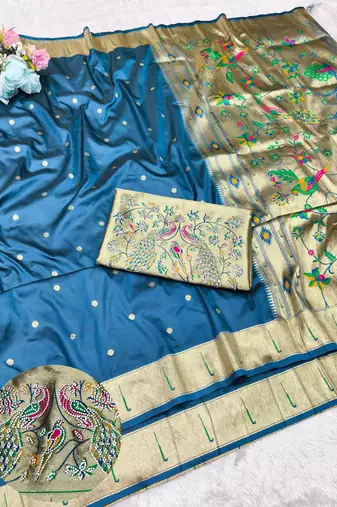 Firozi zari woven paithani silk traditional saree with swarovski blouse piece