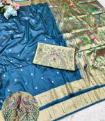 Firozi zari woven paithani silk traditional saree with swarovski blouse piece