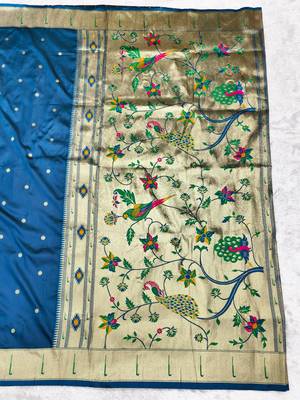 Firozi zari woven paithani silk traditional saree with swarovski blouse piece 2