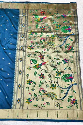 Firozi zari woven paithani silk traditional saree with swarovski blouse piece