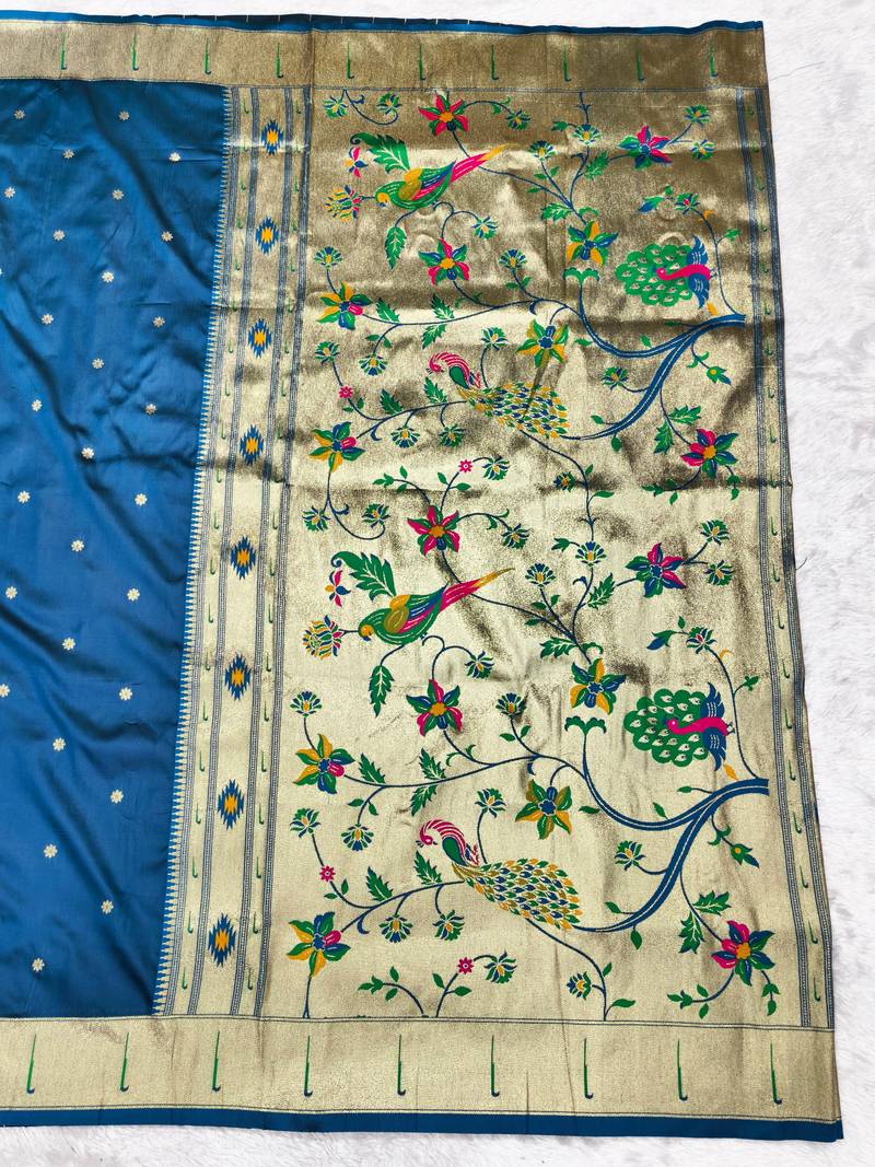 Firozi zari woven paithani silk traditional saree with swarovski blouse piece