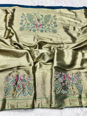 Firozi zari woven paithani silk traditional saree with swarovski blouse piece 3