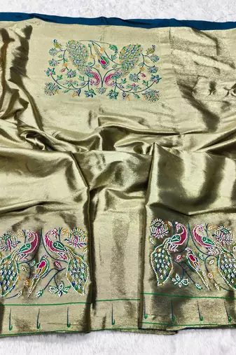 Firozi zari woven paithani silk traditional saree with swarovski blouse piece
