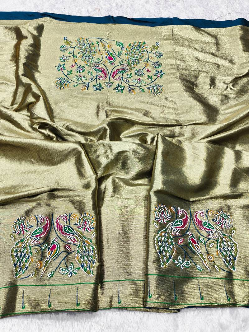 Firozi zari woven paithani silk traditional saree with swarovski blouse piece