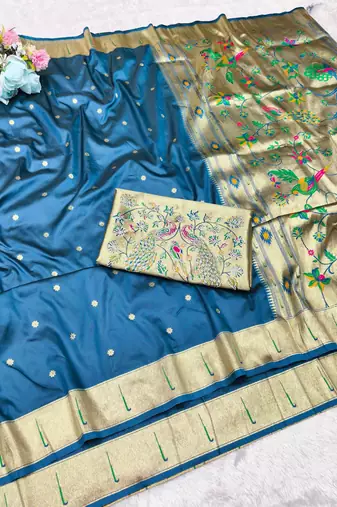 Firozi zari woven paithani silk traditional saree with swarovski blouse piece
