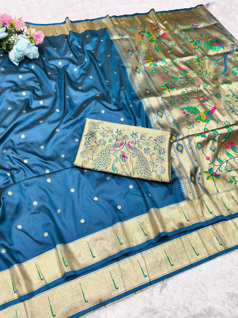 Firozi zari woven paithani silk traditional saree with swarovski blouse piece