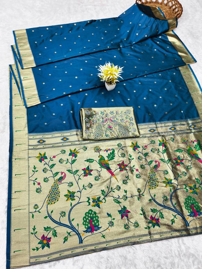 Firozi zari woven paithani silk traditional saree with swarovski blouse piece