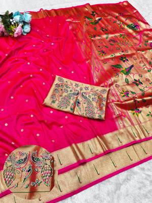 Rani zari woven paithani silk traditional saree with swarovski blouse piece 1