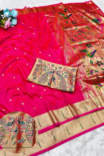 Rani zari woven paithani silk traditional saree with swarovski blouse piece