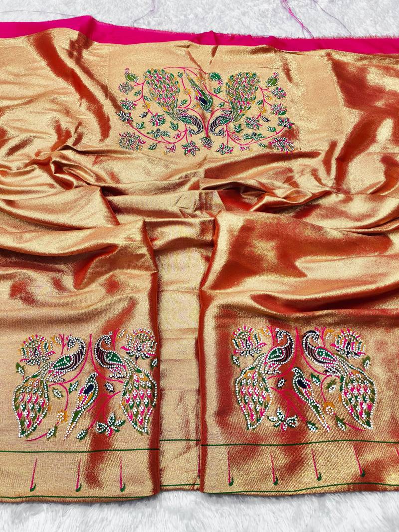 Rani zari woven paithani silk traditional saree with swarovski blouse piece