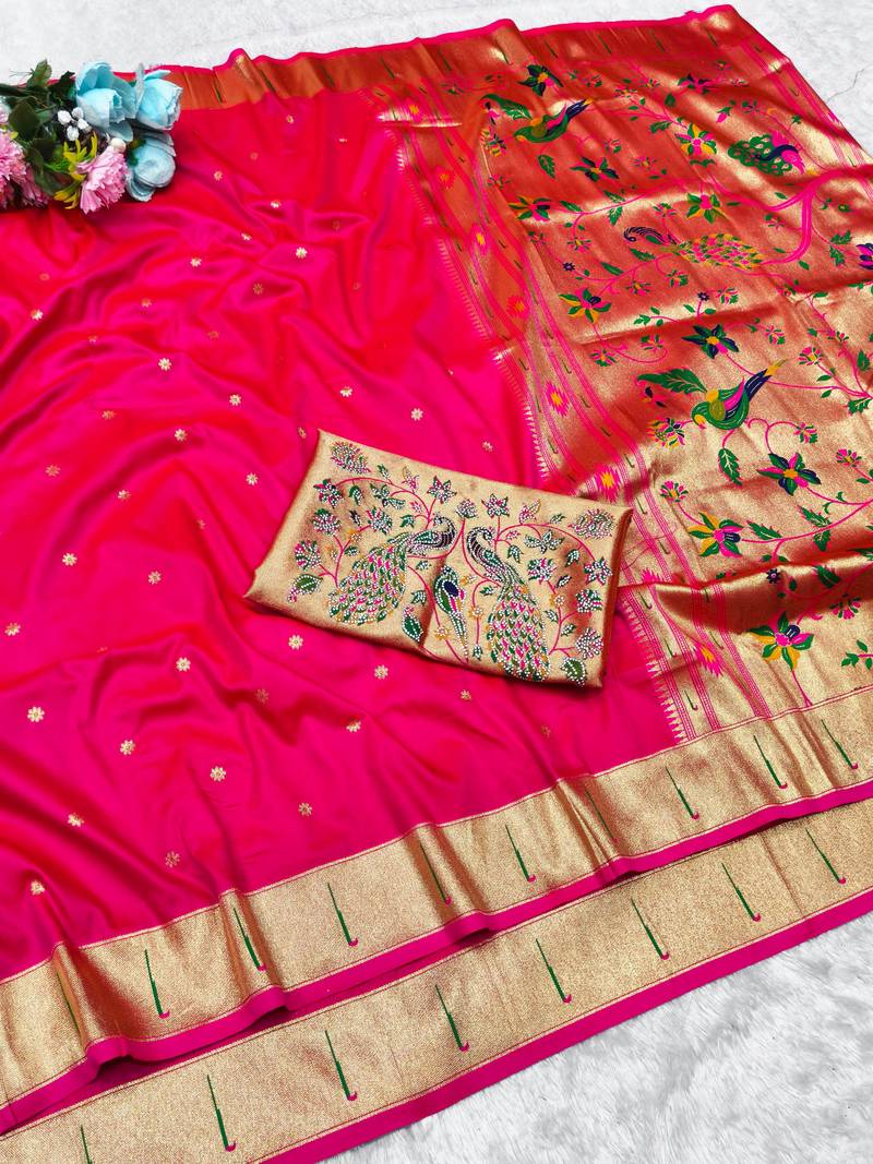 Rani zari woven paithani silk traditional saree with swarovski blouse piece