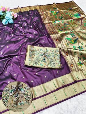 Wine zari woven paithani silk traditional saree with swarovski blouse piece 1