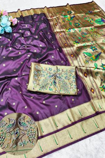Wine zari woven paithani silk traditional saree with swarovski blouse piece