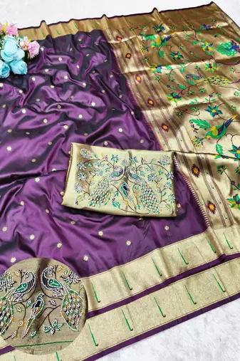 Wine zari woven paithani silk traditional saree with swarovski blouse piece