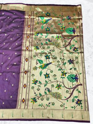 Wine zari woven paithani silk traditional saree with swarovski blouse piece 2