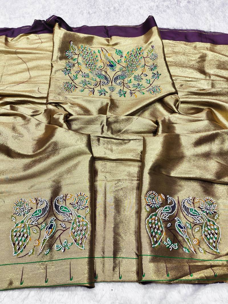 Wine zari woven paithani silk traditional saree with swarovski blouse piece