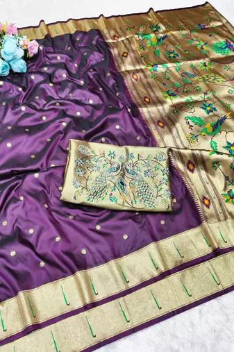Wine zari woven paithani silk traditional saree with swarovski blouse piece