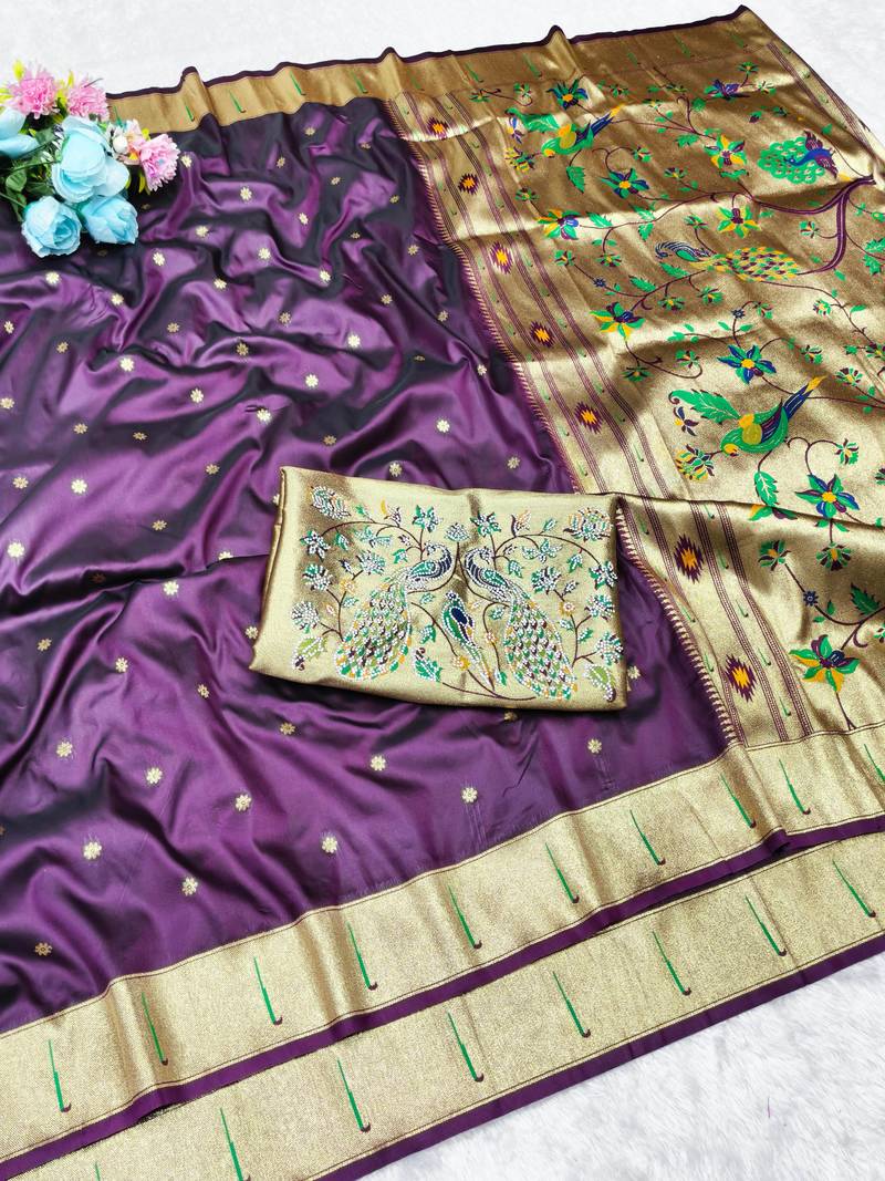 Wine zari woven paithani silk traditional saree with swarovski blouse piece