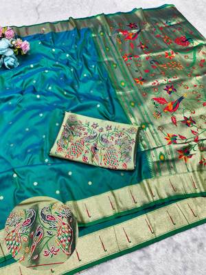 Rama zari woven paithani silk traditional saree with swarovski blouse piece 1