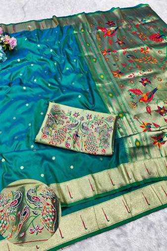 Rama zari woven paithani silk traditional saree with swarovski blouse piece